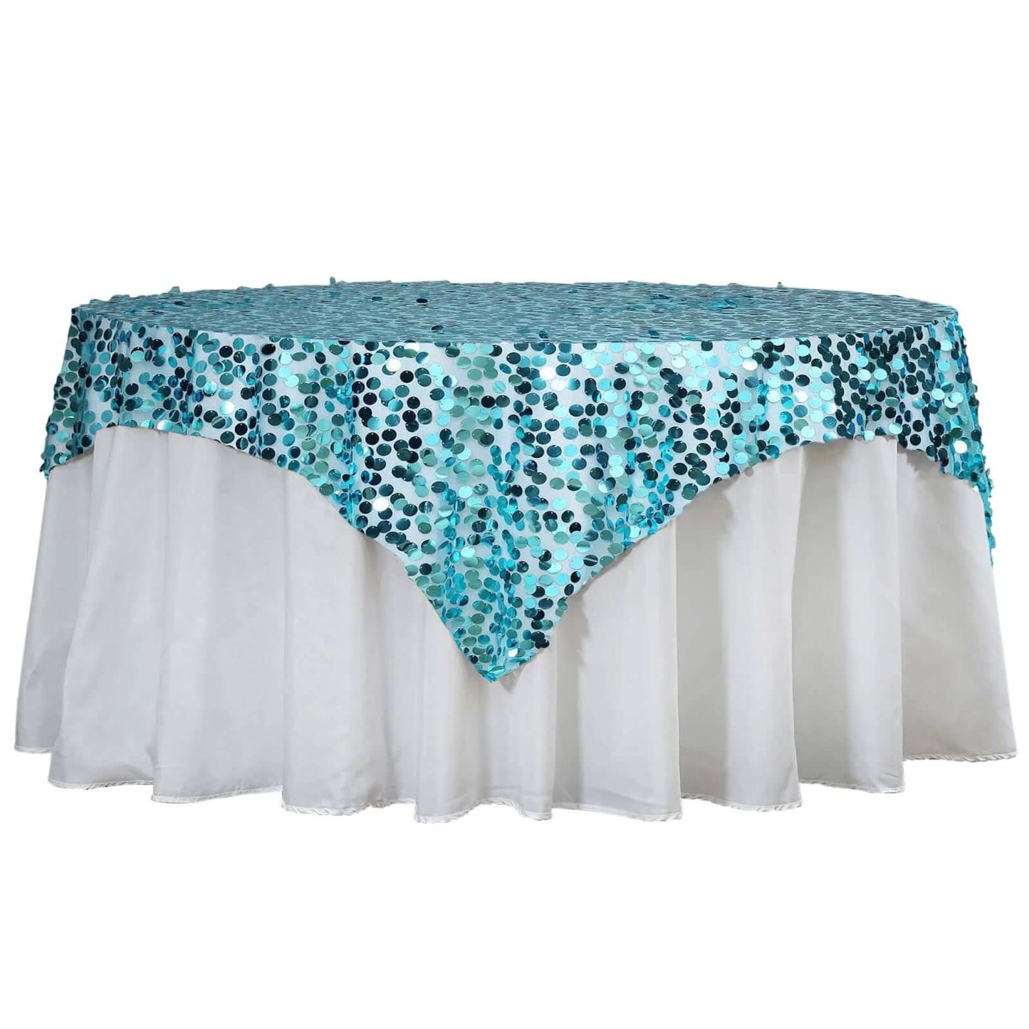 72 Inch x 72 Inch Premium Table Overlay Turquoise Big Payette Sequin Fabric