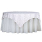 White Big Payette Sequin Square Table Overlay on a round table.