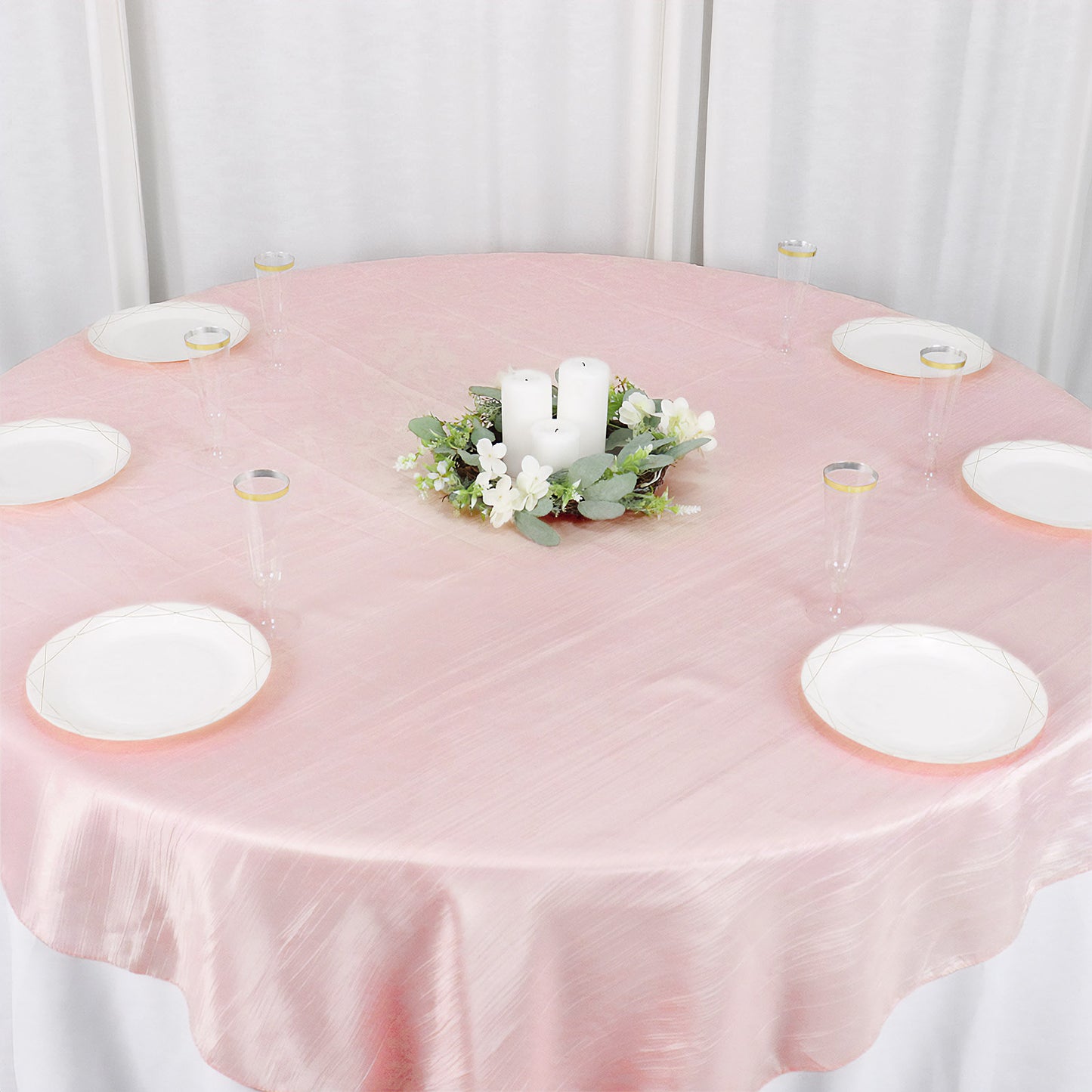 Square Table Overlay in Blush & Rose Gold Accordion Crinkle Taffeta 72 Inch x 72 Inch