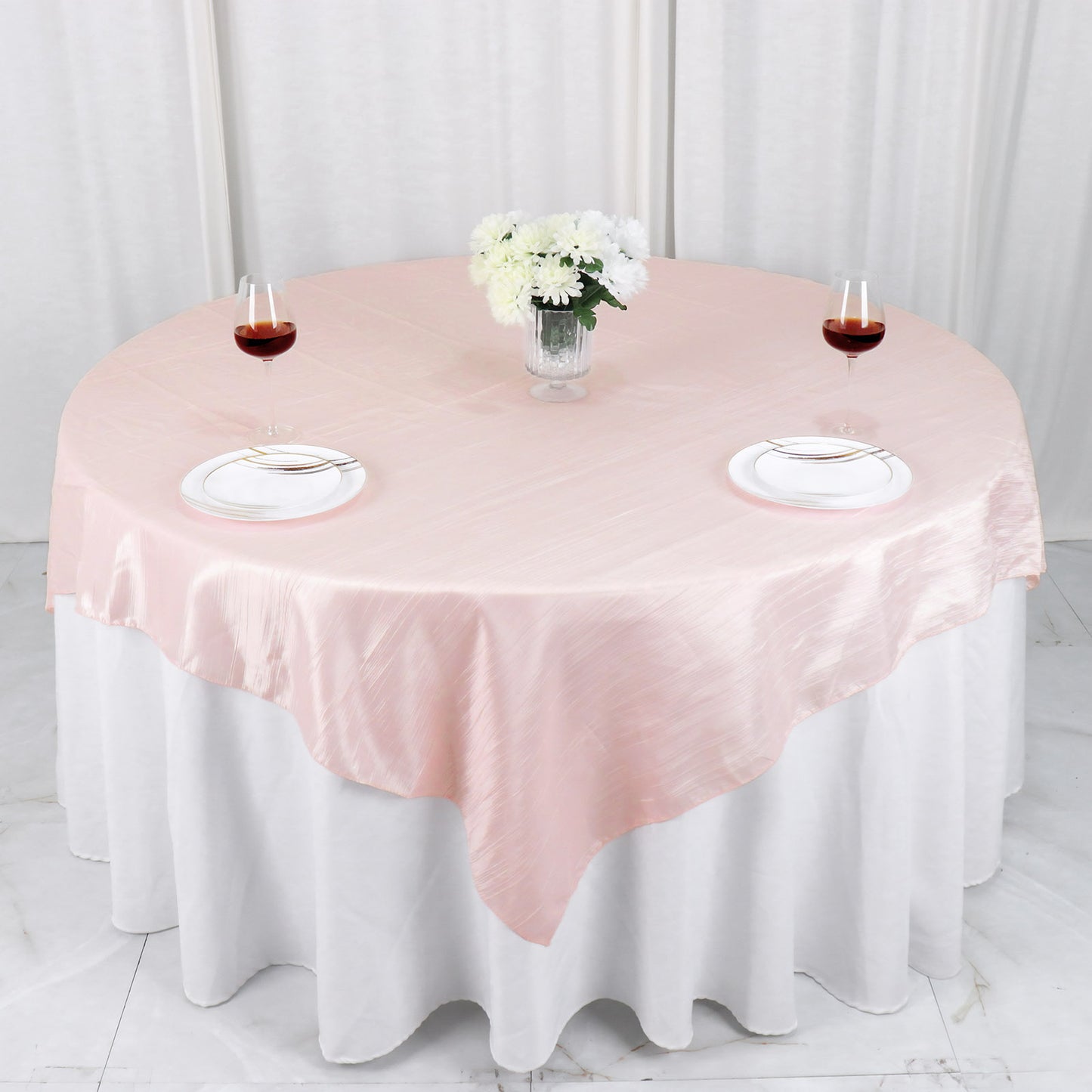 72 Inch x 72 Inch Square Table Overlay in Blush & Rose Gold Taffeta Fabric