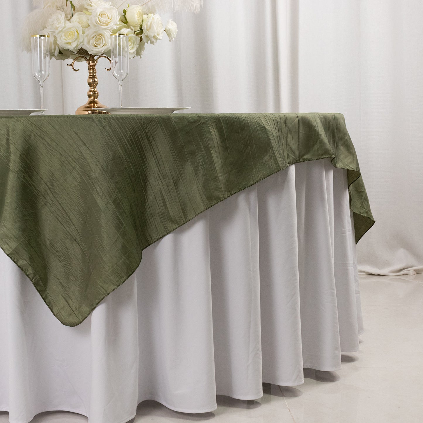 72"x72" Dusty Sage Green Accordion Crinkle Taffeta Table Overlay, Square Tablecloth Topper