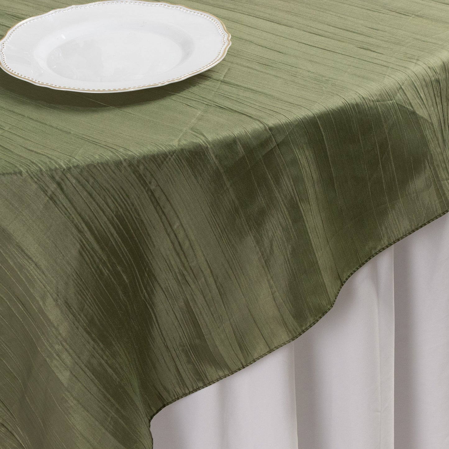 72"x72" Dusty Sage Green Accordion Crinkle Taffeta Table Overlay, Square Tablecloth Topper