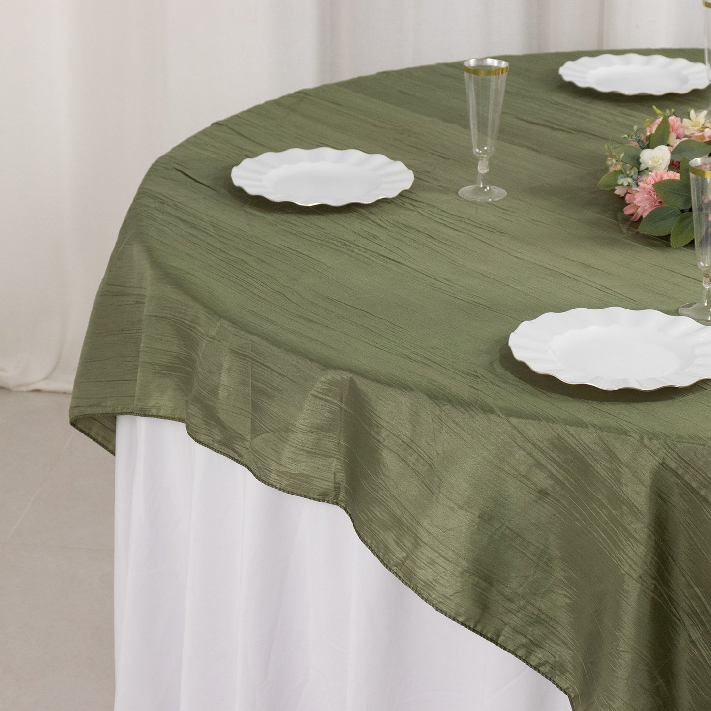 72"x72" Dusty Sage Green Accordion Crinkle Taffeta Table Overlay, Square Tablecloth Topper