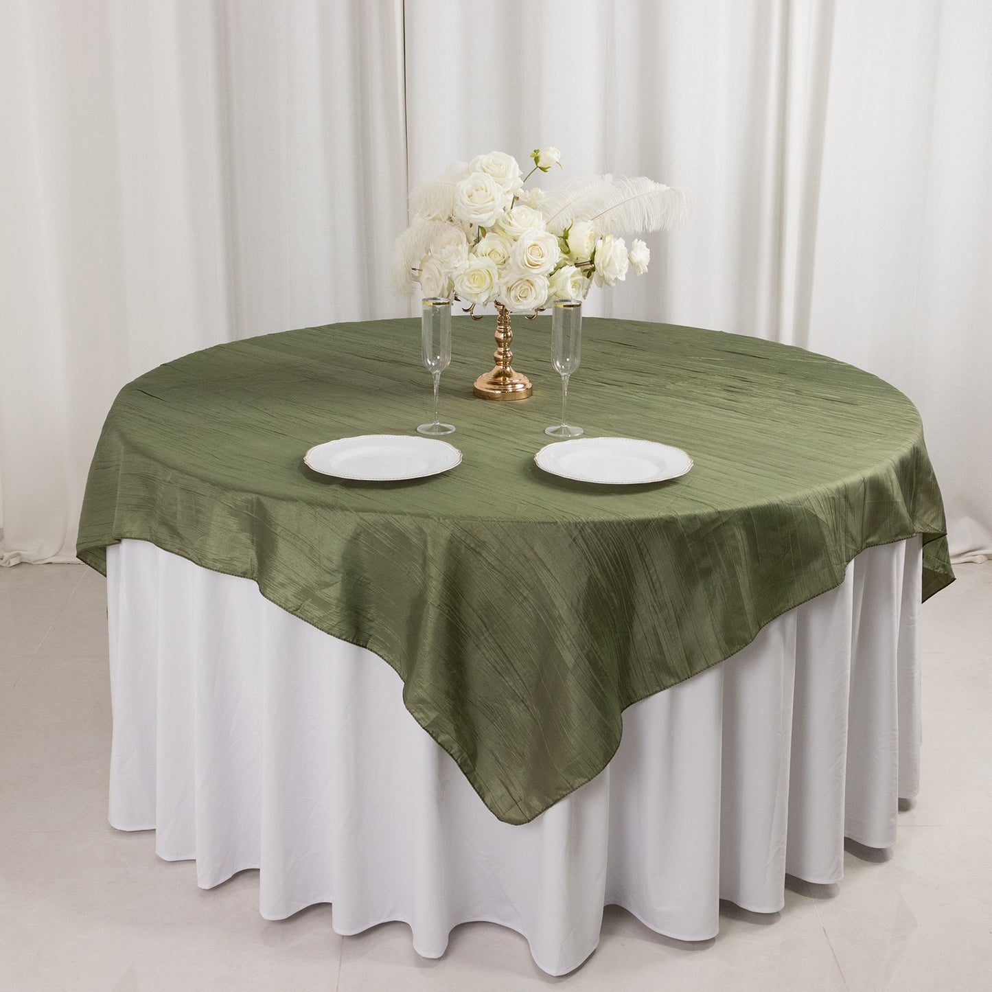 72"x72" Dusty Sage Green Accordion Crinkle Taffeta Table Overlay, Square Tablecloth Topper