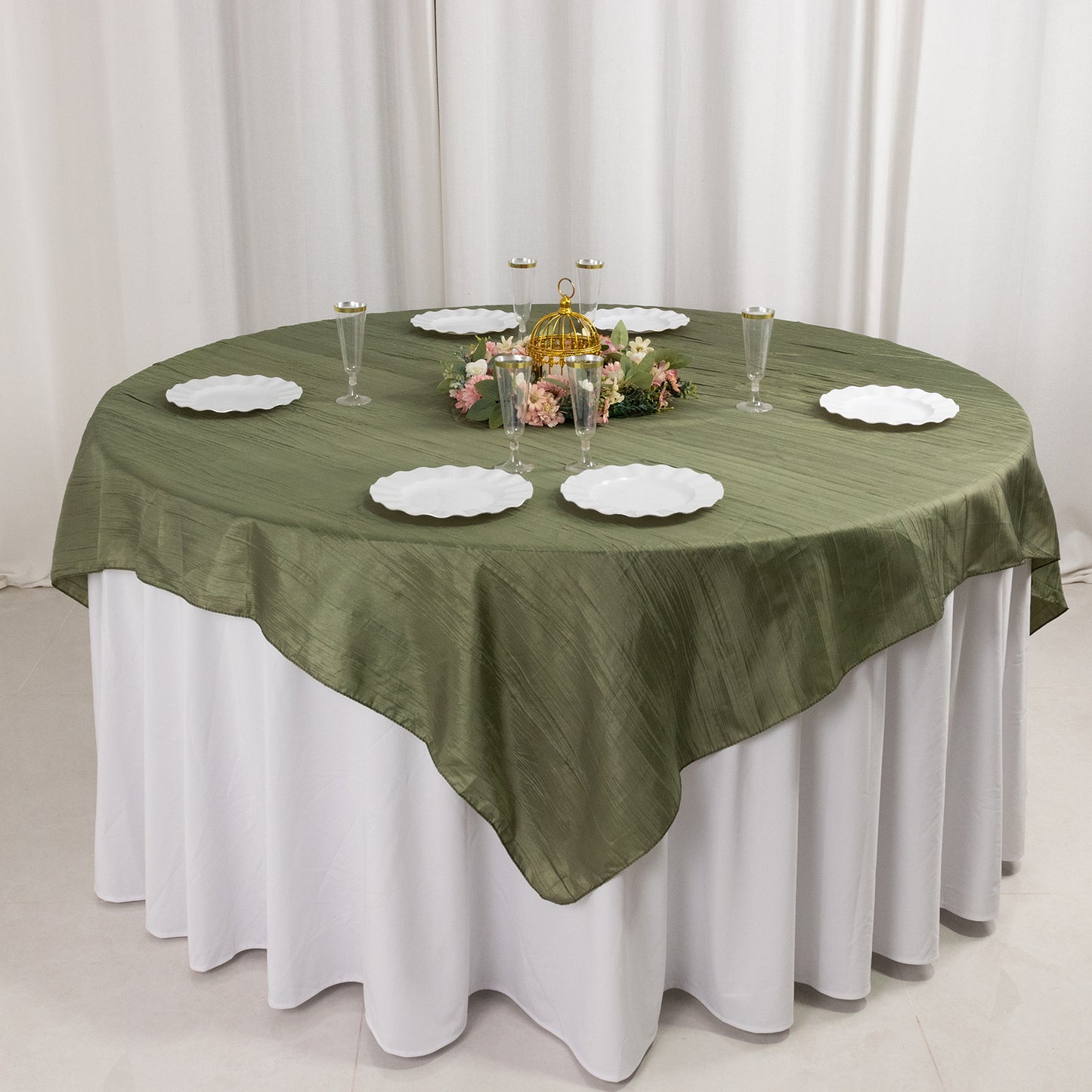 72"x72" Dusty Sage Green Accordion Crinkle Taffeta Table Overlay, Square Tablecloth Topper