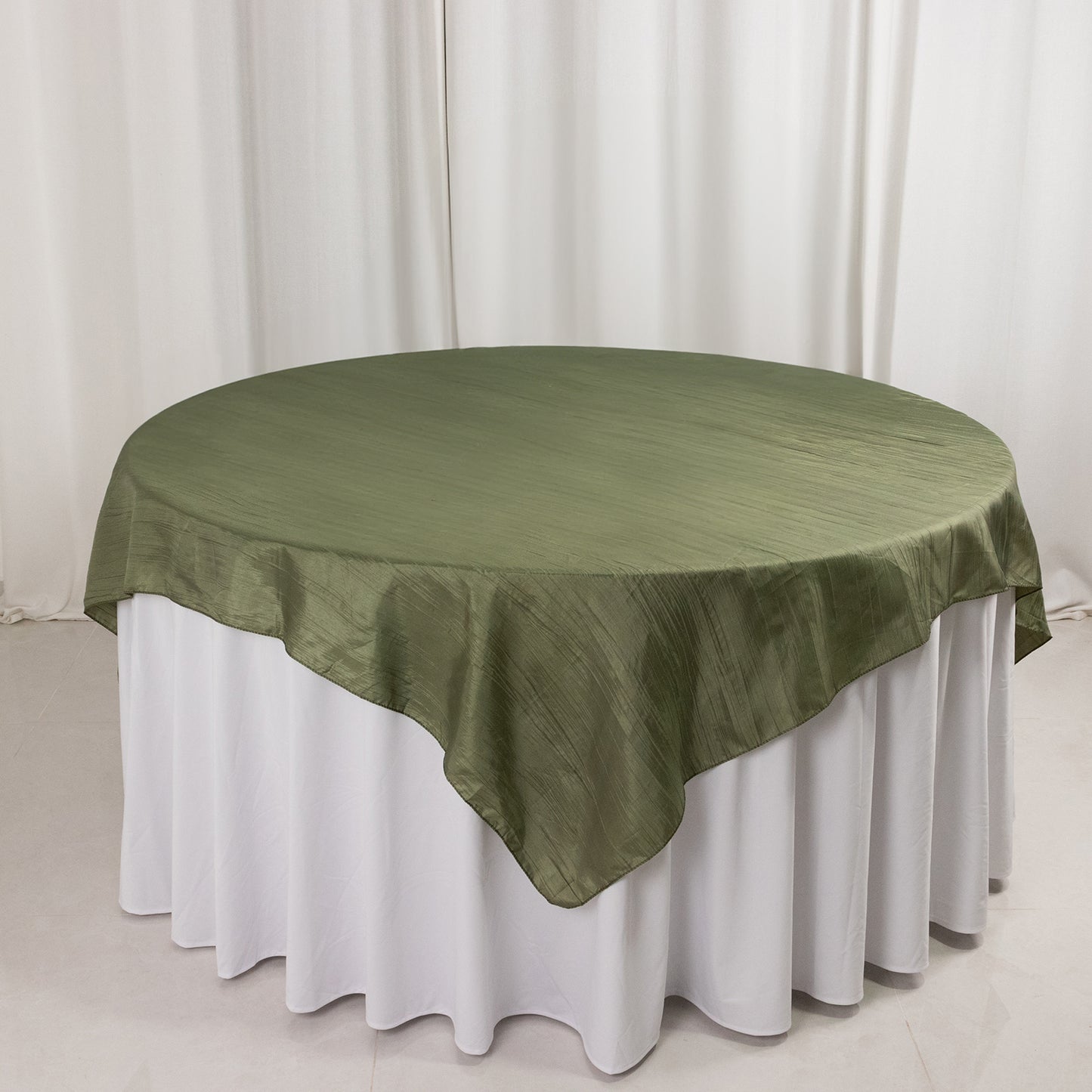 72"x72" Dusty Sage Green Accordion Crinkle Taffeta Table Overlay, Square Tablecloth Topper