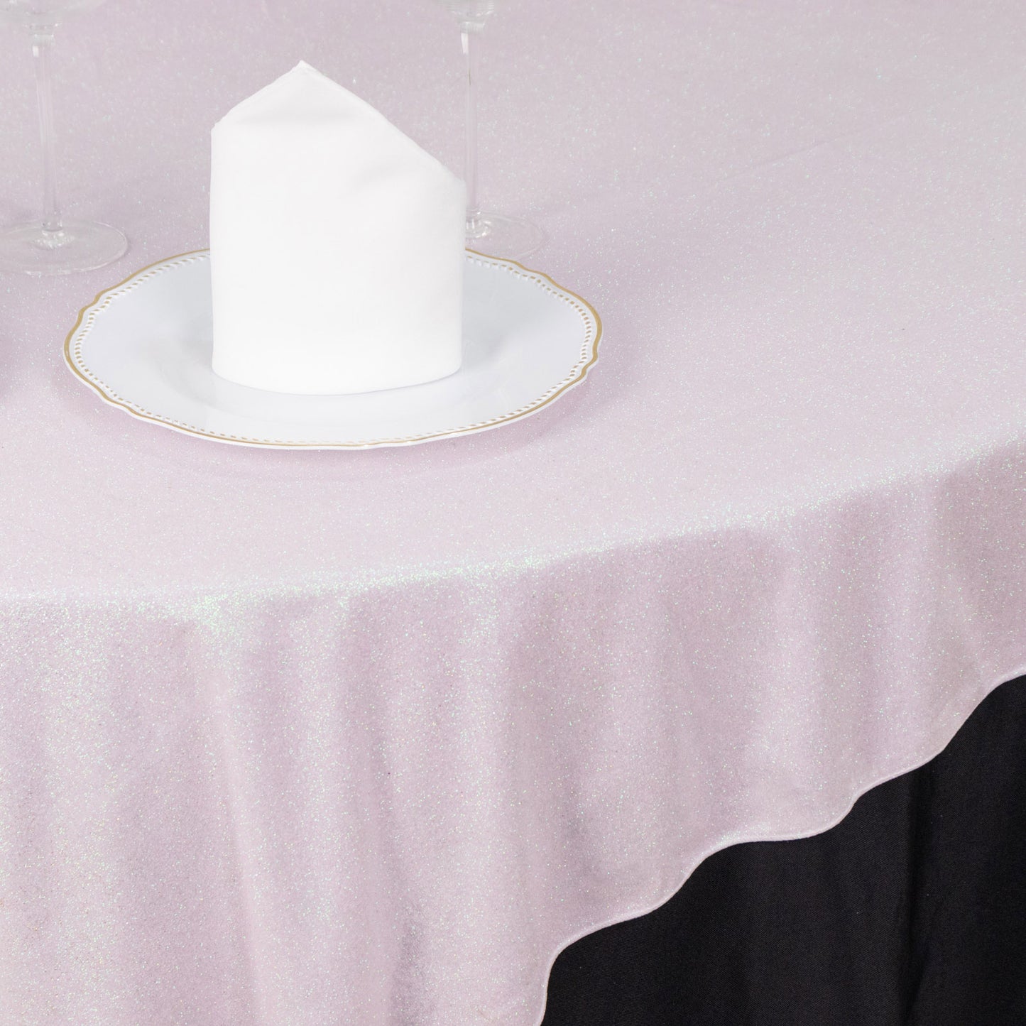 Iridescent glitter square table overlay in soft pink.