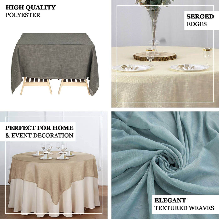 Ivory textured linen table overlay, wrinkle resistant, perfect for events.