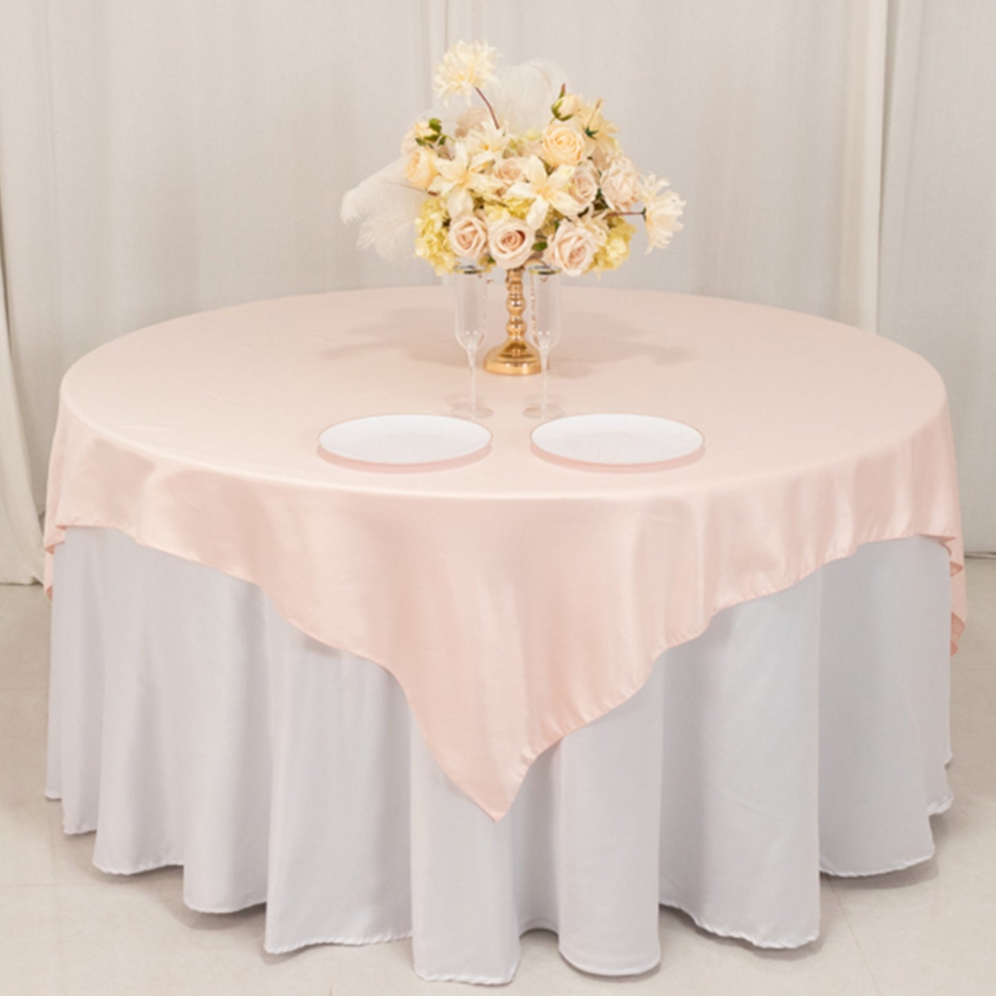 72"x72" Blush Lamour Satin Table Overlay, Square Tablecloth Topper