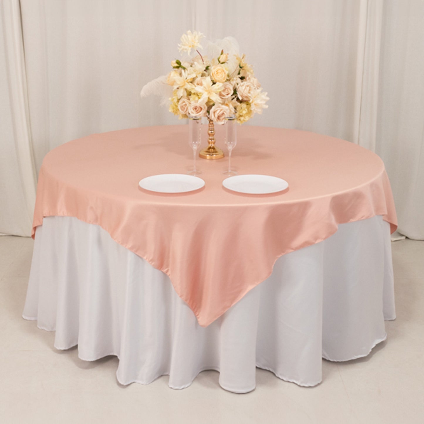 72"x72" Dusty Rose Lamour Satin Table Overlay, Square Tablecloth Topper