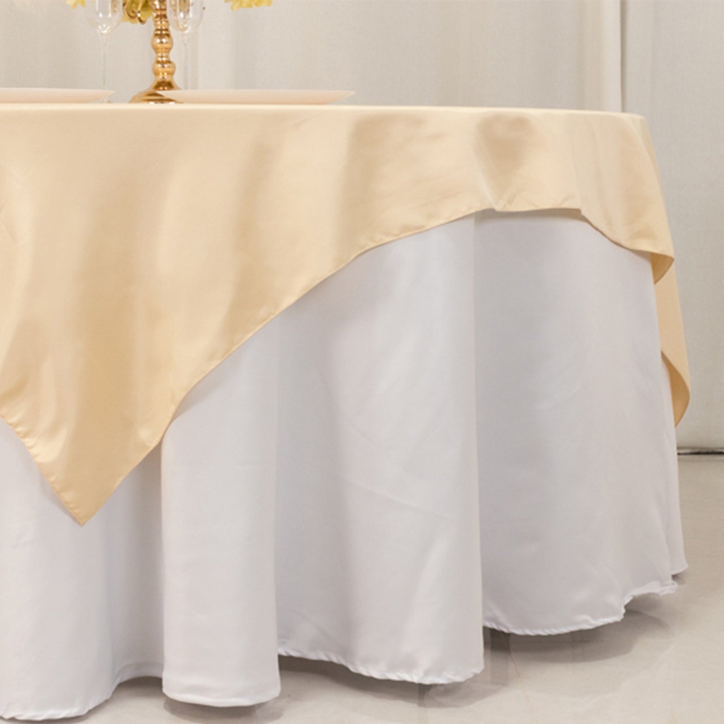 72"x72" Beige Lamour Satin Table Overlay, Square Tablecloth Topper