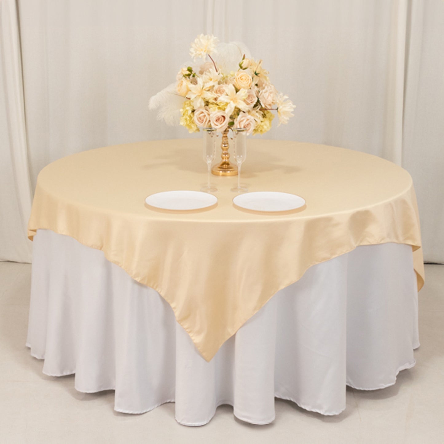 72"x72" Beige Lamour Satin Table Overlay, Square Tablecloth Topper