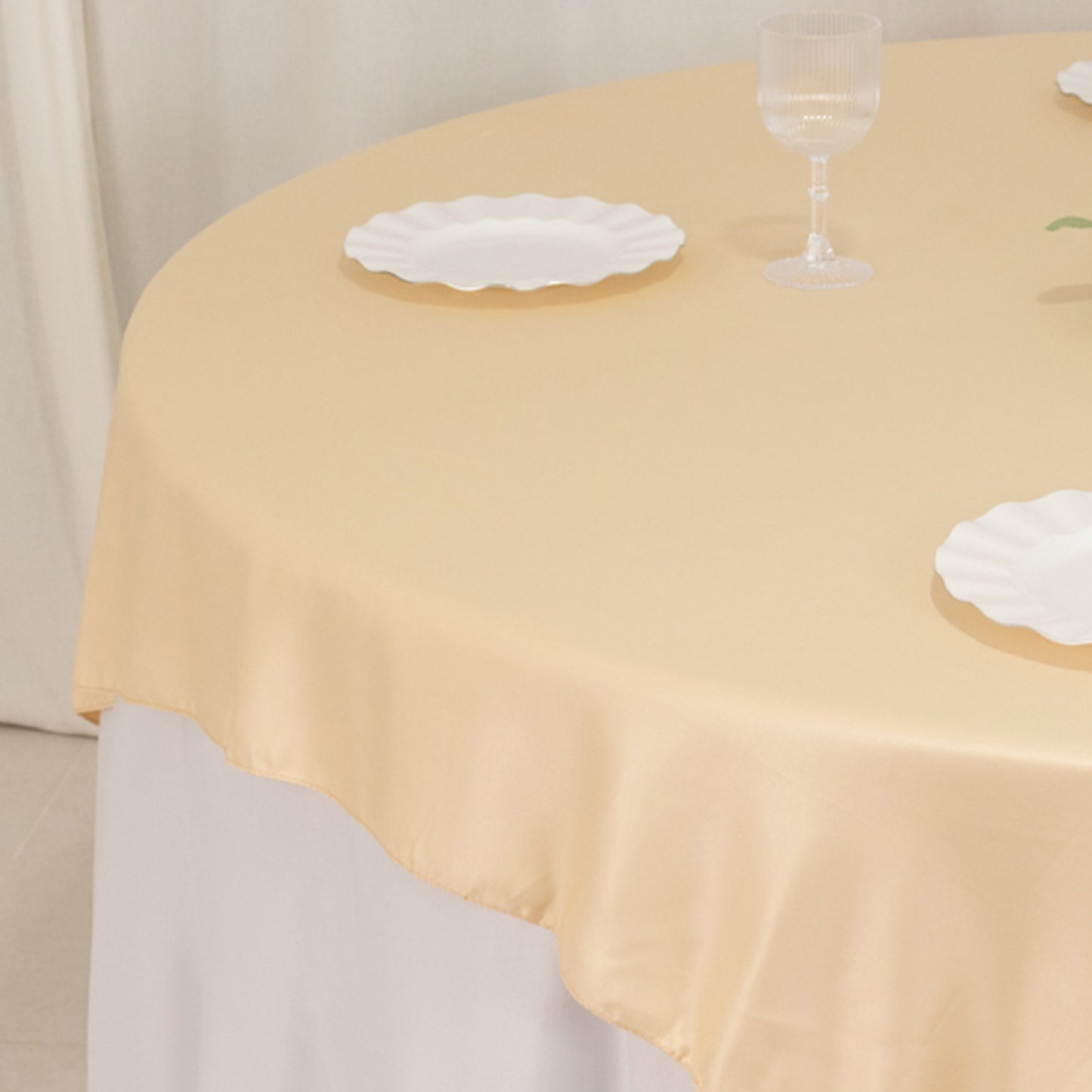 72"x72" Beige Lamour Satin Table Overlay, Square Tablecloth Topper