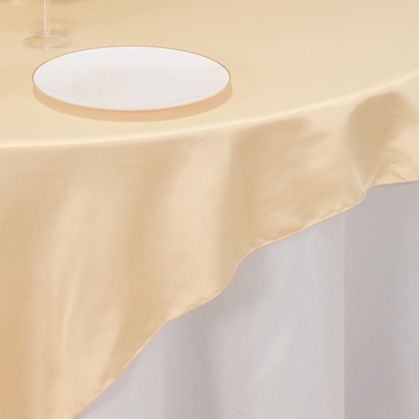 72"x72" Beige Lamour Satin Table Overlay, Square Tablecloth Topper