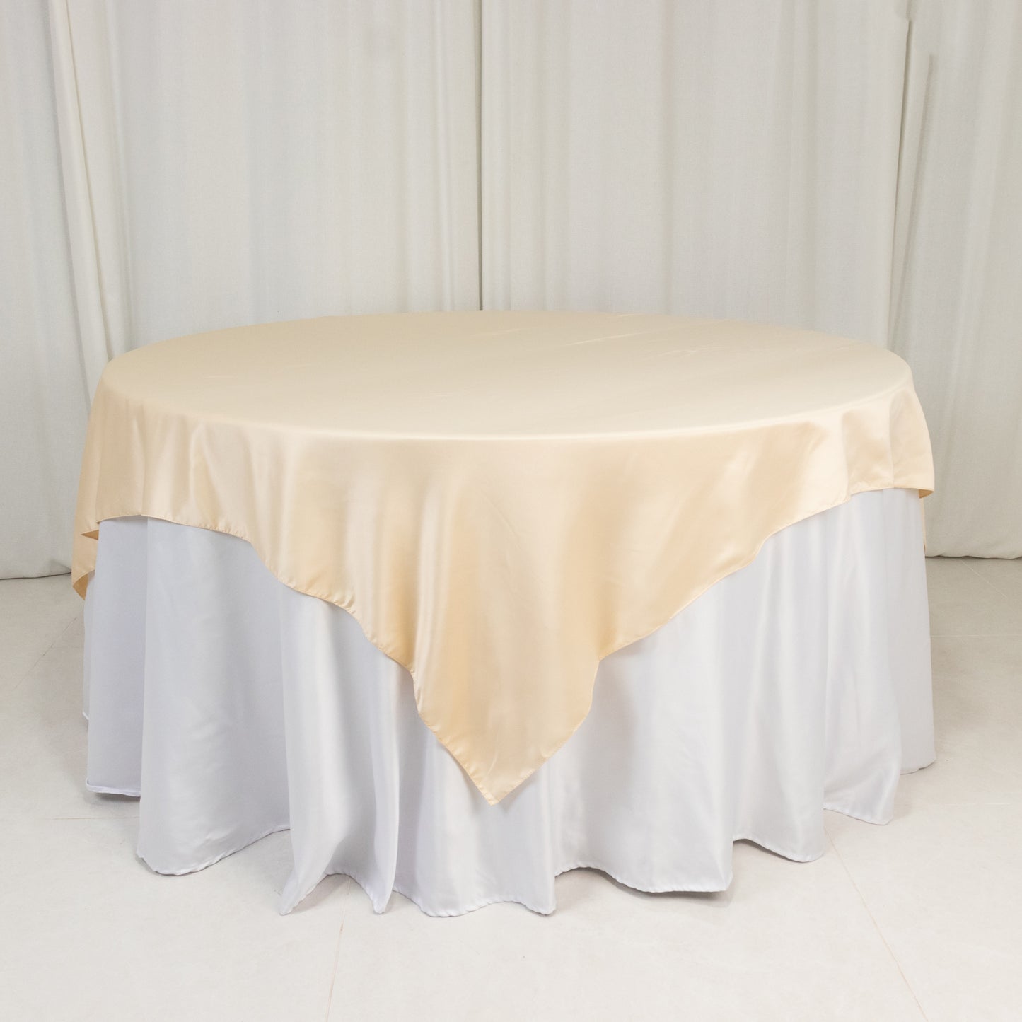 72"x72" Beige Lamour Satin Table Overlay, Square Tablecloth Topper