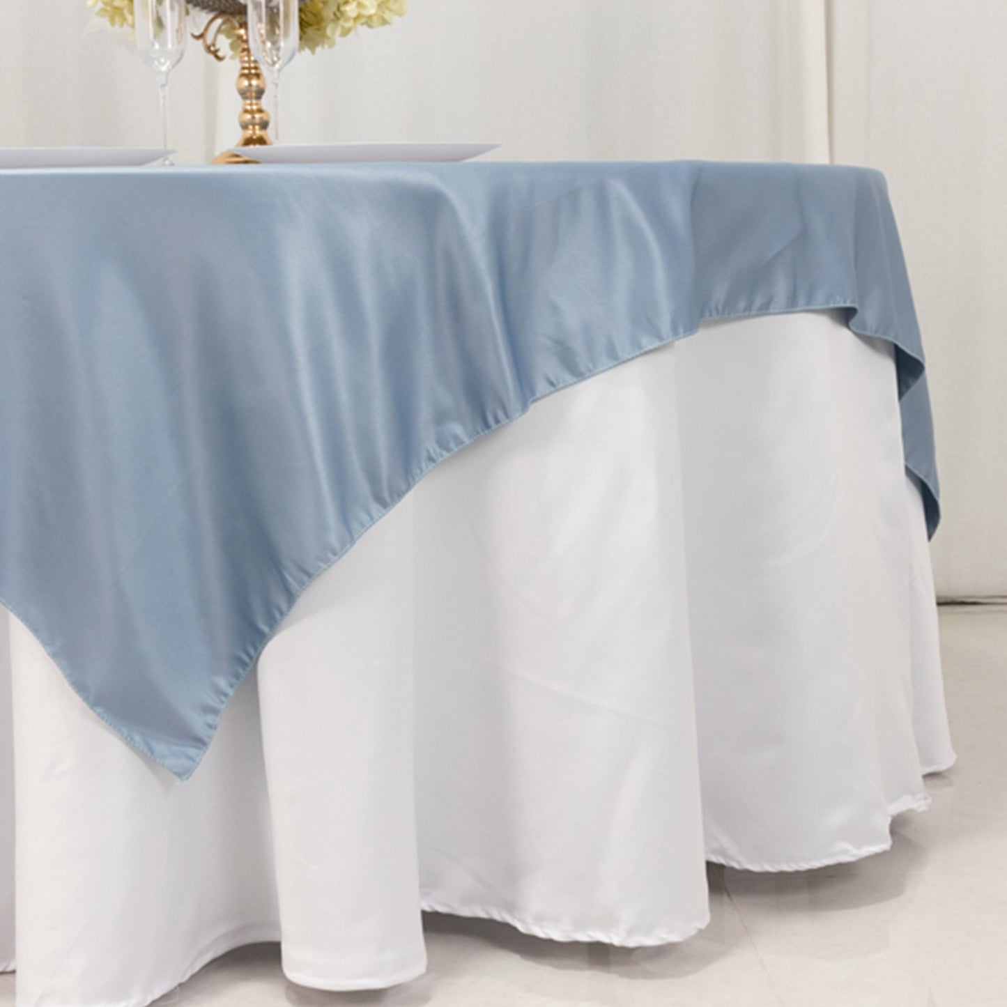 72"x72" Dusty Blue Lamour Satin Table Overlay, Square Tablecloth Topper