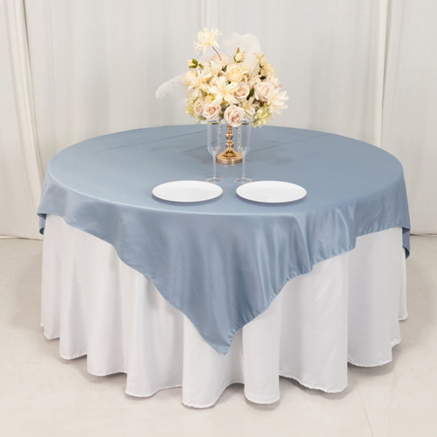 72"x72" Dusty Blue Lamour Satin Table Overlay, Square Tablecloth Topper