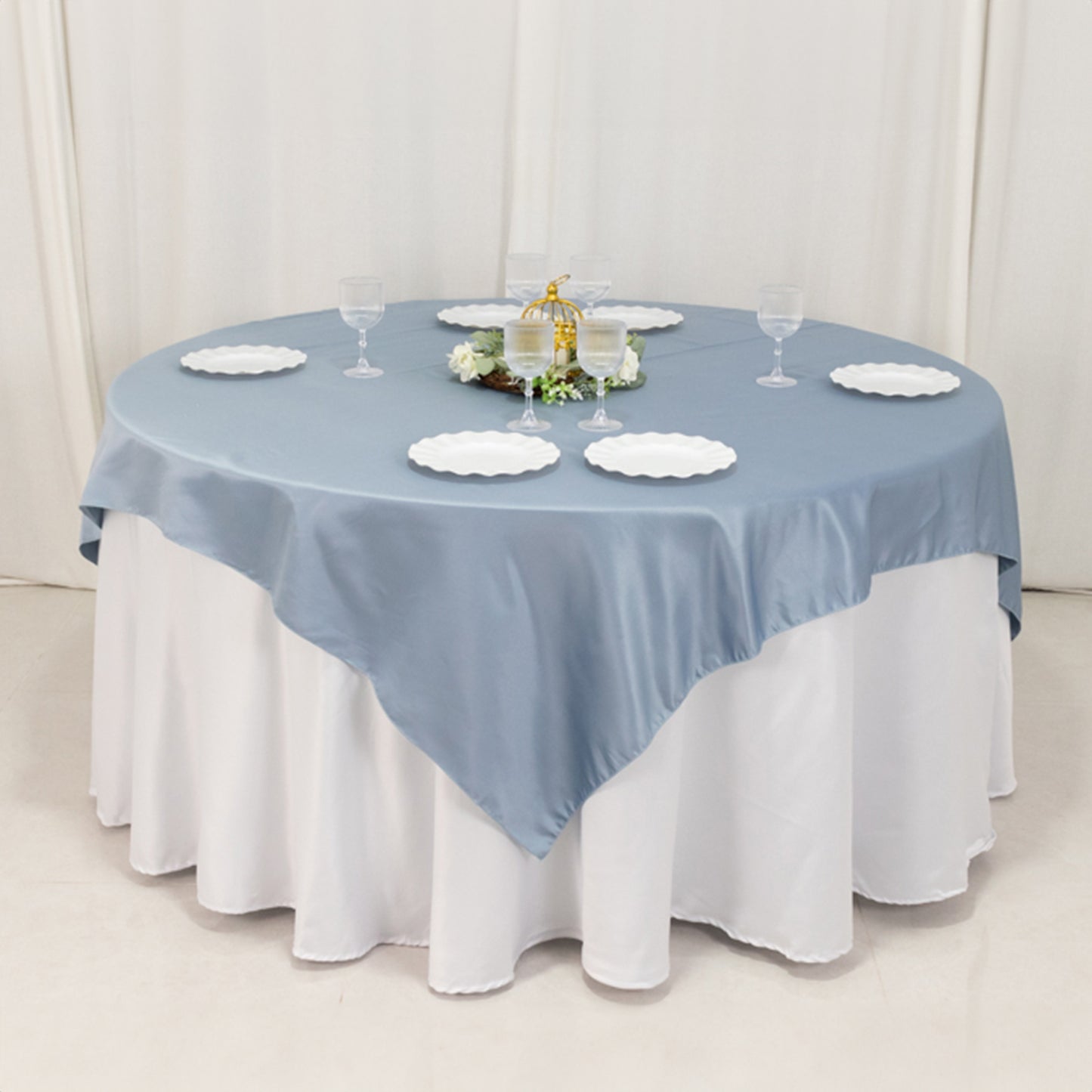 72"x72" Dusty Blue Lamour Satin Table Overlay, Square Tablecloth Topper