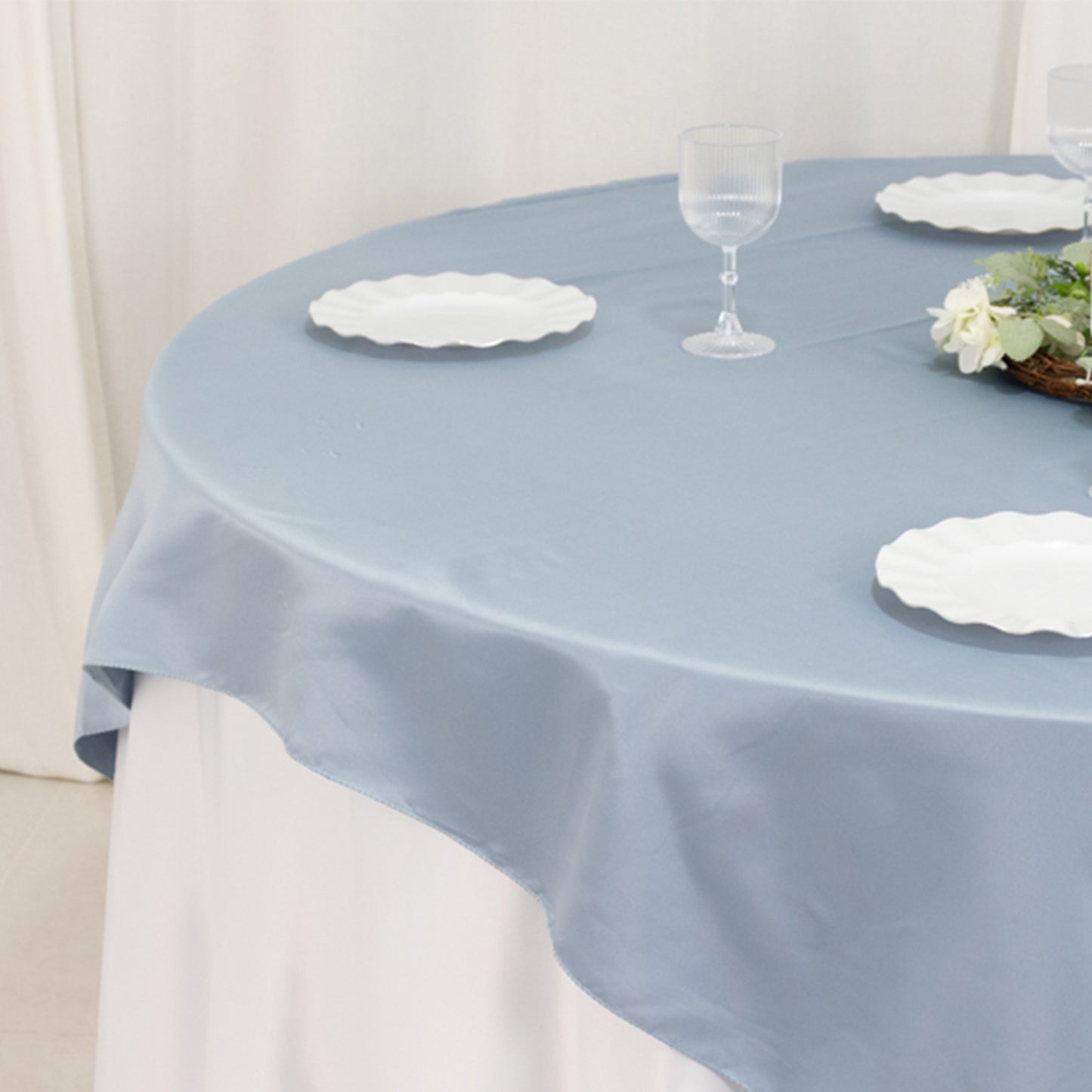 72"x72" Dusty Blue Lamour Satin Table Overlay, Square Tablecloth Topper