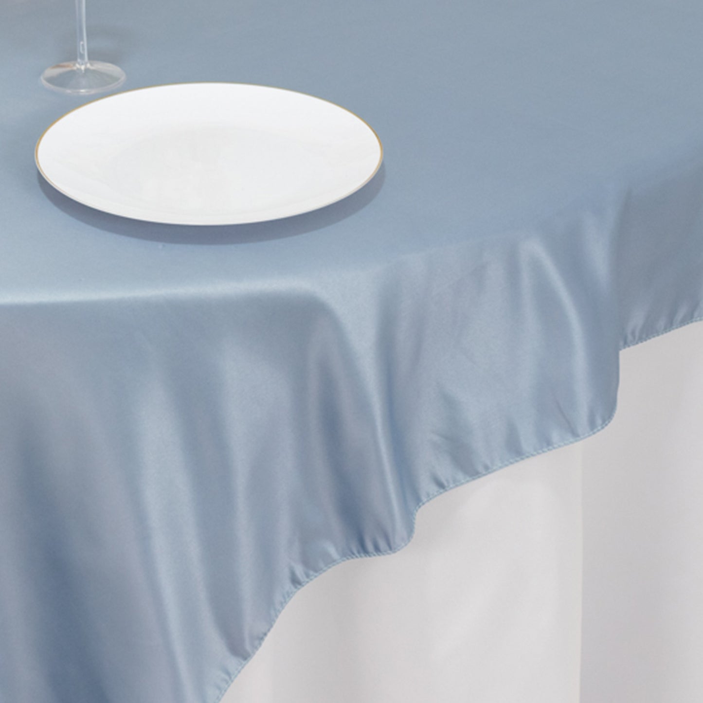 72"x72" Dusty Blue Lamour Satin Table Overlay, Square Tablecloth Topper