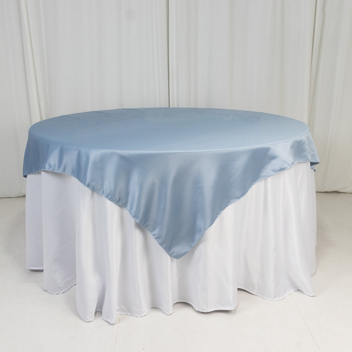 72"x72" Dusty Blue Lamour Satin Table Overlay, Square Tablecloth Topper