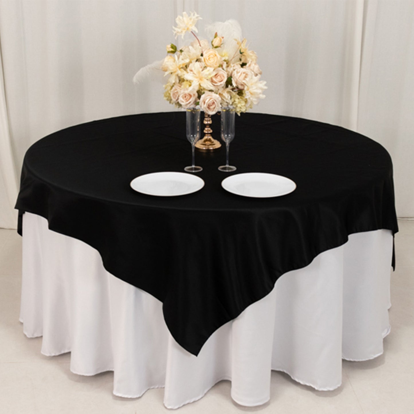 72"x72" Black Lamour Satin Table Overlay, Square Tablecloth Topper