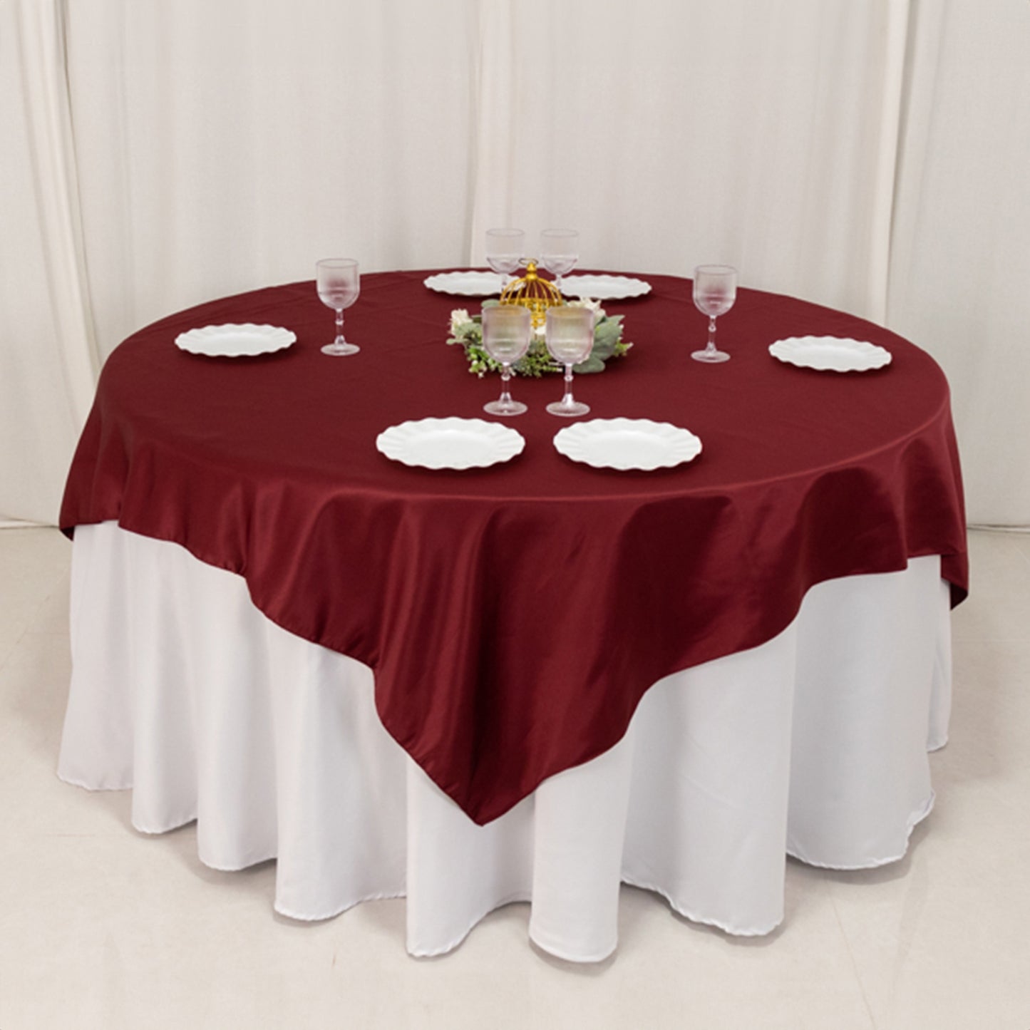 72"x72" Burgundy Lamour Satin Table Overlay, Square Tablecloth Topper