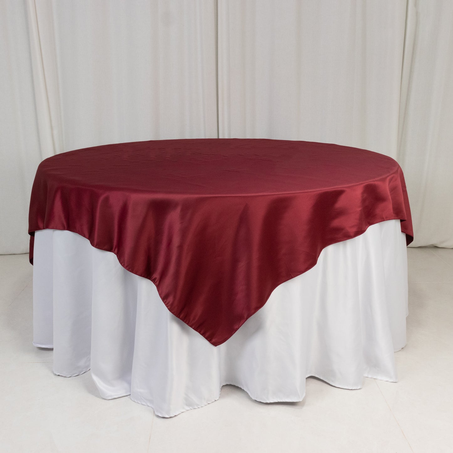 72"x72" Burgundy Lamour Satin Table Overlay, Square Tablecloth Topper