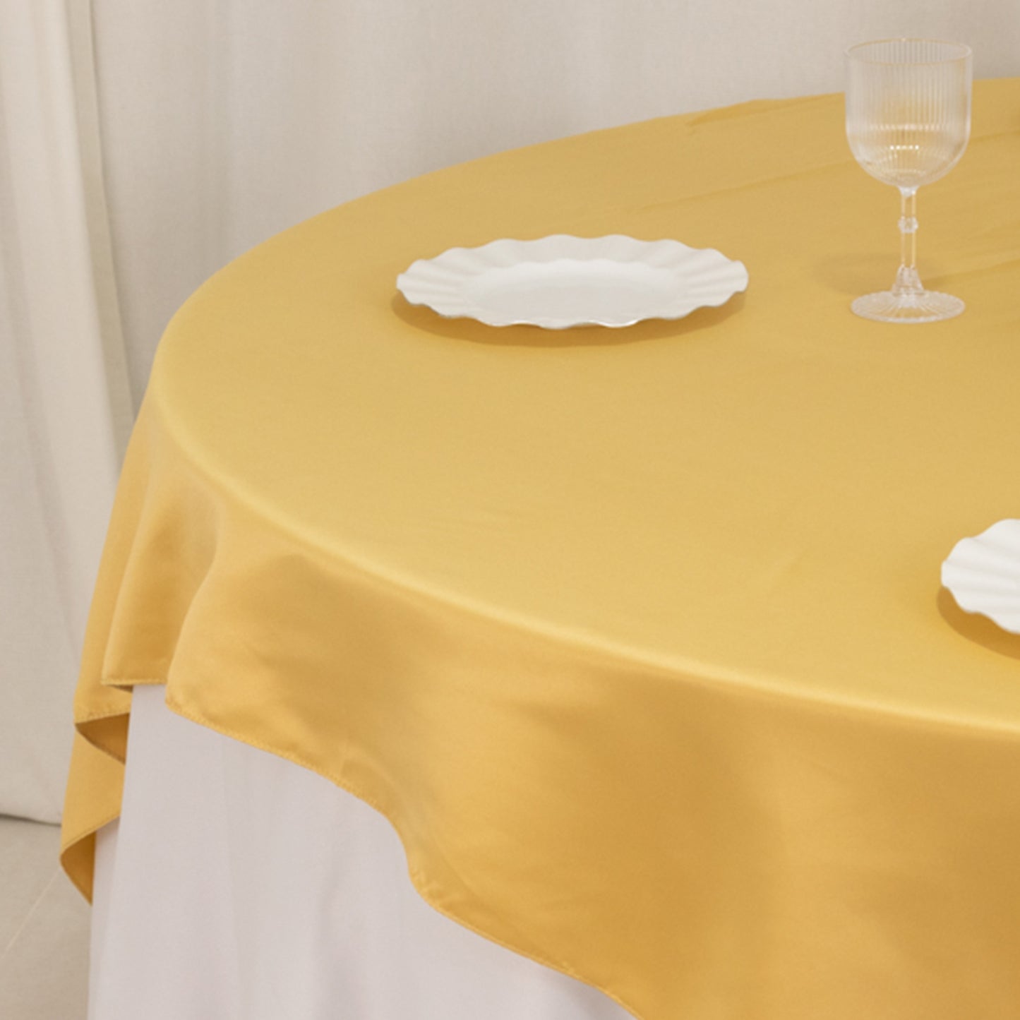 72"x72" Champagne Lamour Satin Table Overlay, Square Tablecloth Topper