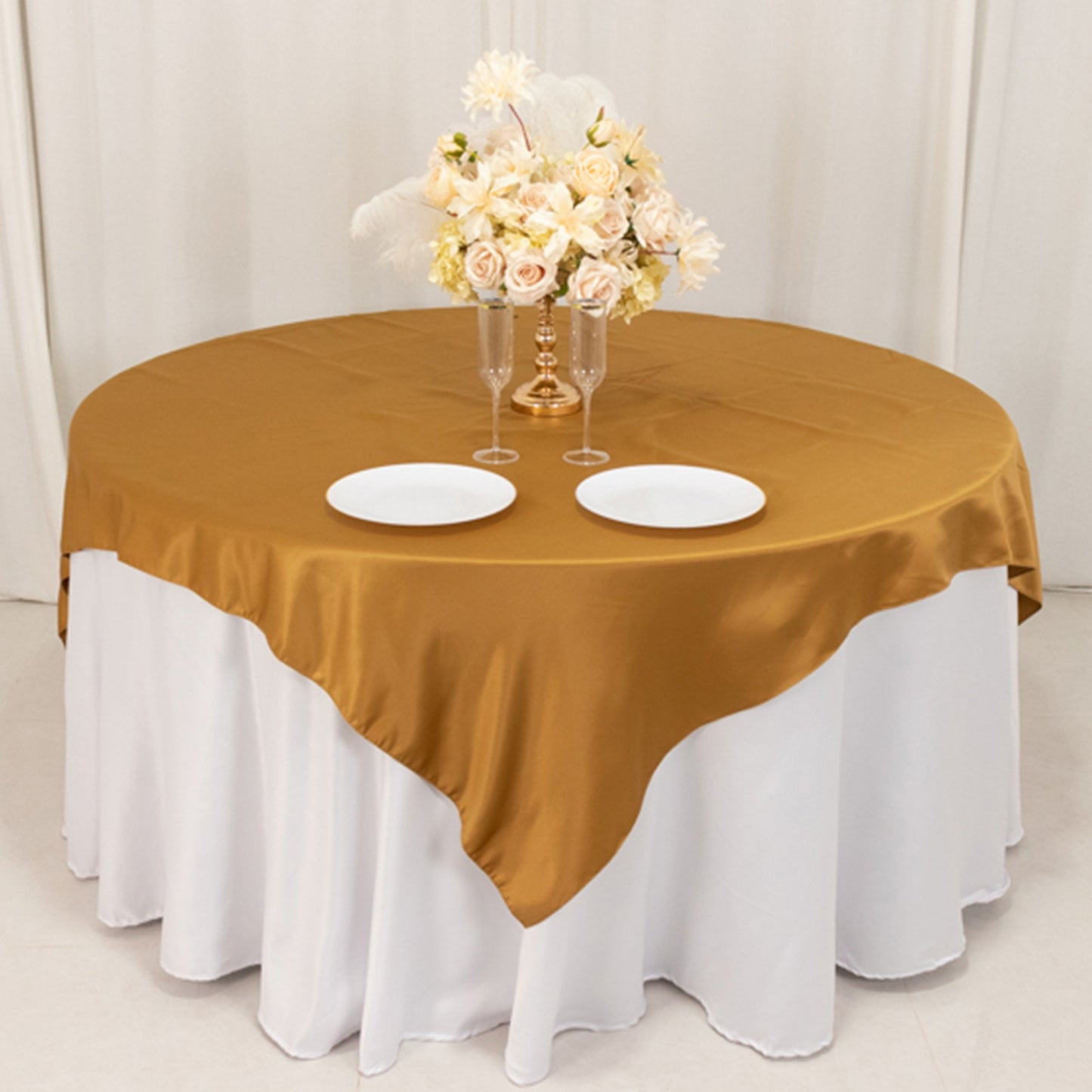 72"x72" Gold Lamour Satin Table Overlay, Square Tablecloth Topper