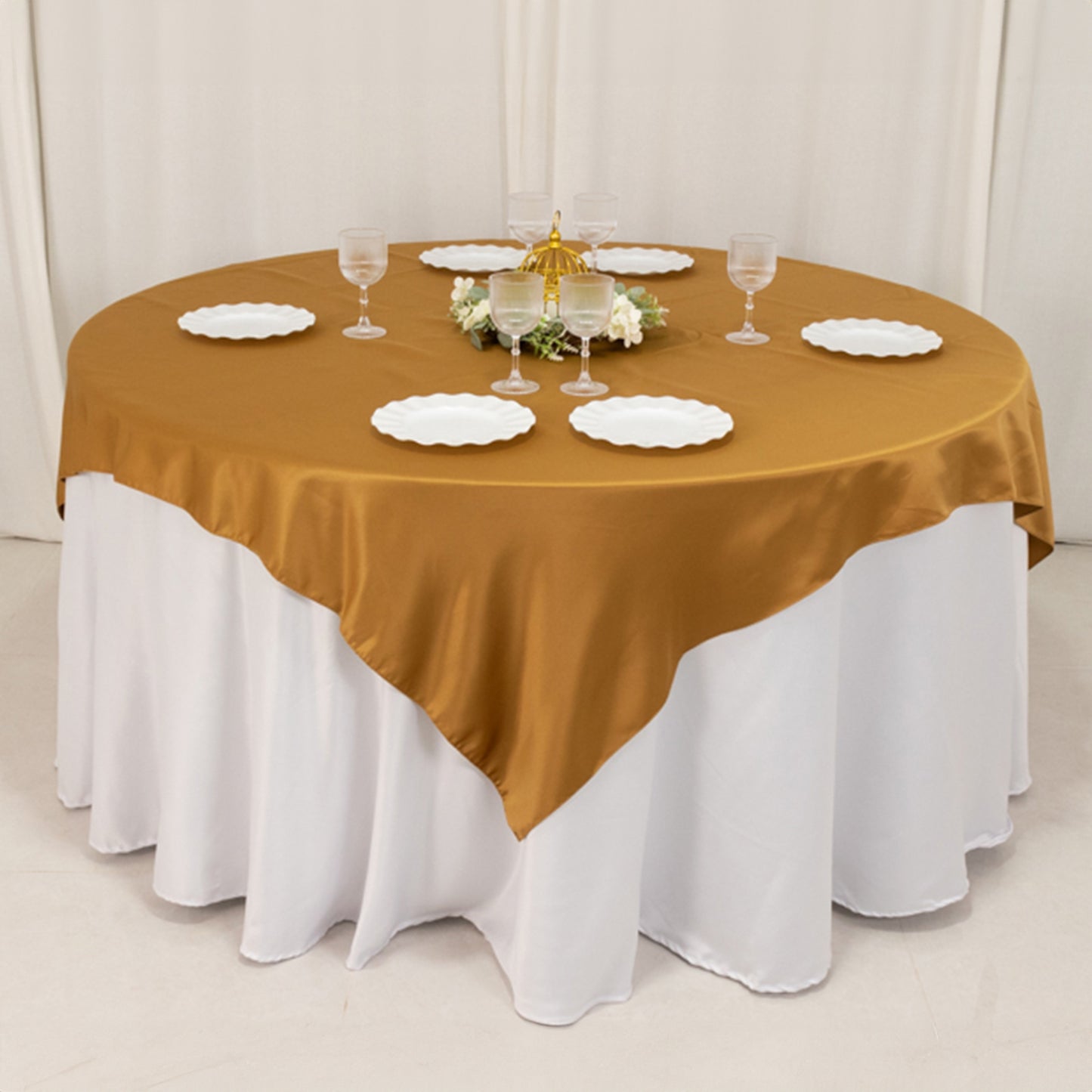 72"x72" Gold Lamour Satin Table Overlay, Square Tablecloth Topper