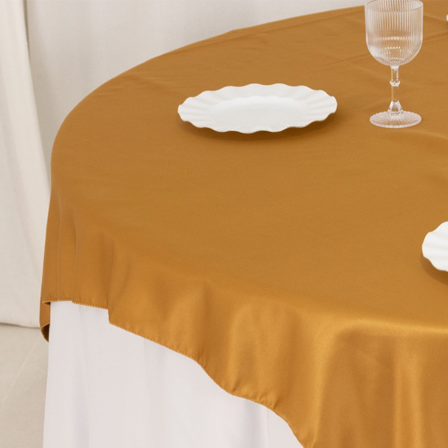 72"x72" Gold Lamour Satin Table Overlay, Square Tablecloth Topper