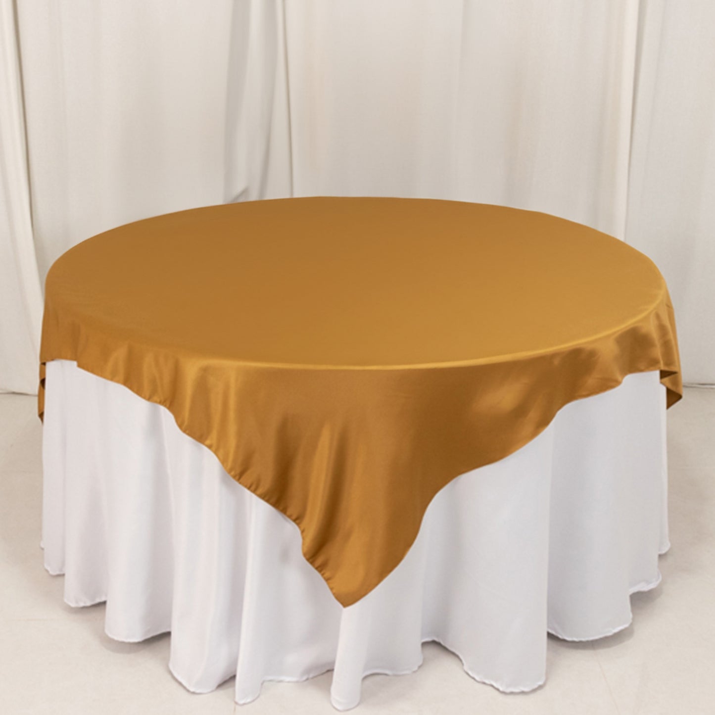 72"x72" Gold Lamour Satin Table Overlay, Square Tablecloth Topper