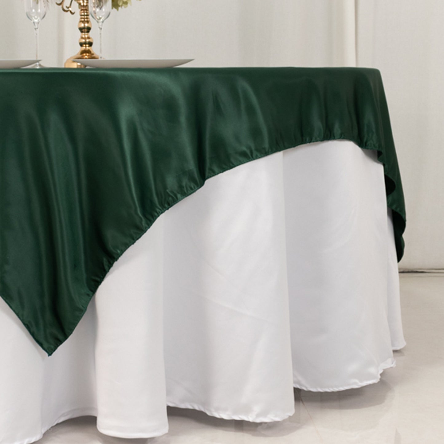 72"x72" Hunter Emerald Green Lamour Satin Table Overlay, Square Tablecloth Topper