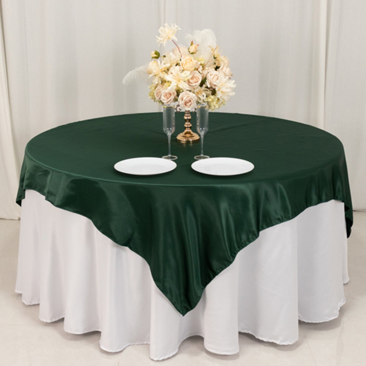 72"x72" Hunter Emerald Green Lamour Satin Table Overlay, Square Tablecloth Topper