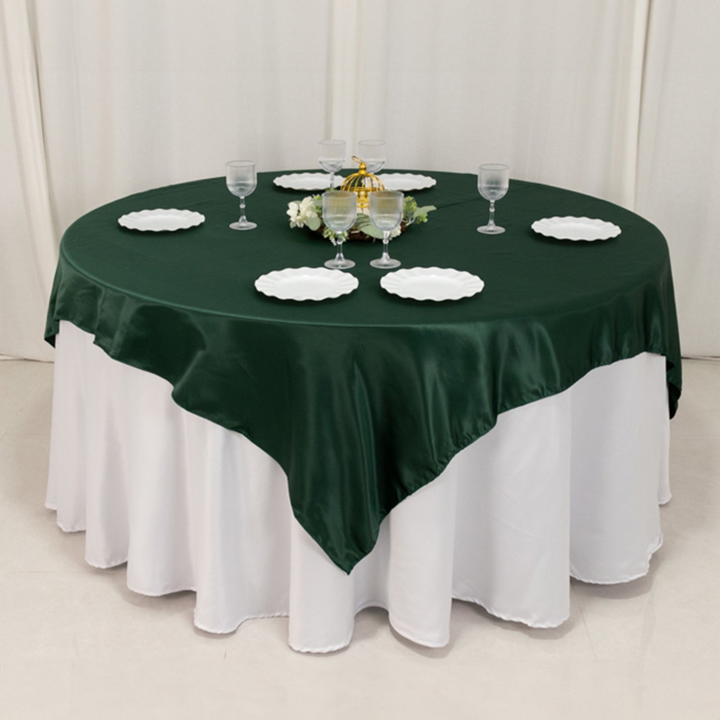 72"x72" Hunter Emerald Green Lamour Satin Table Overlay, Square Tablecloth Topper