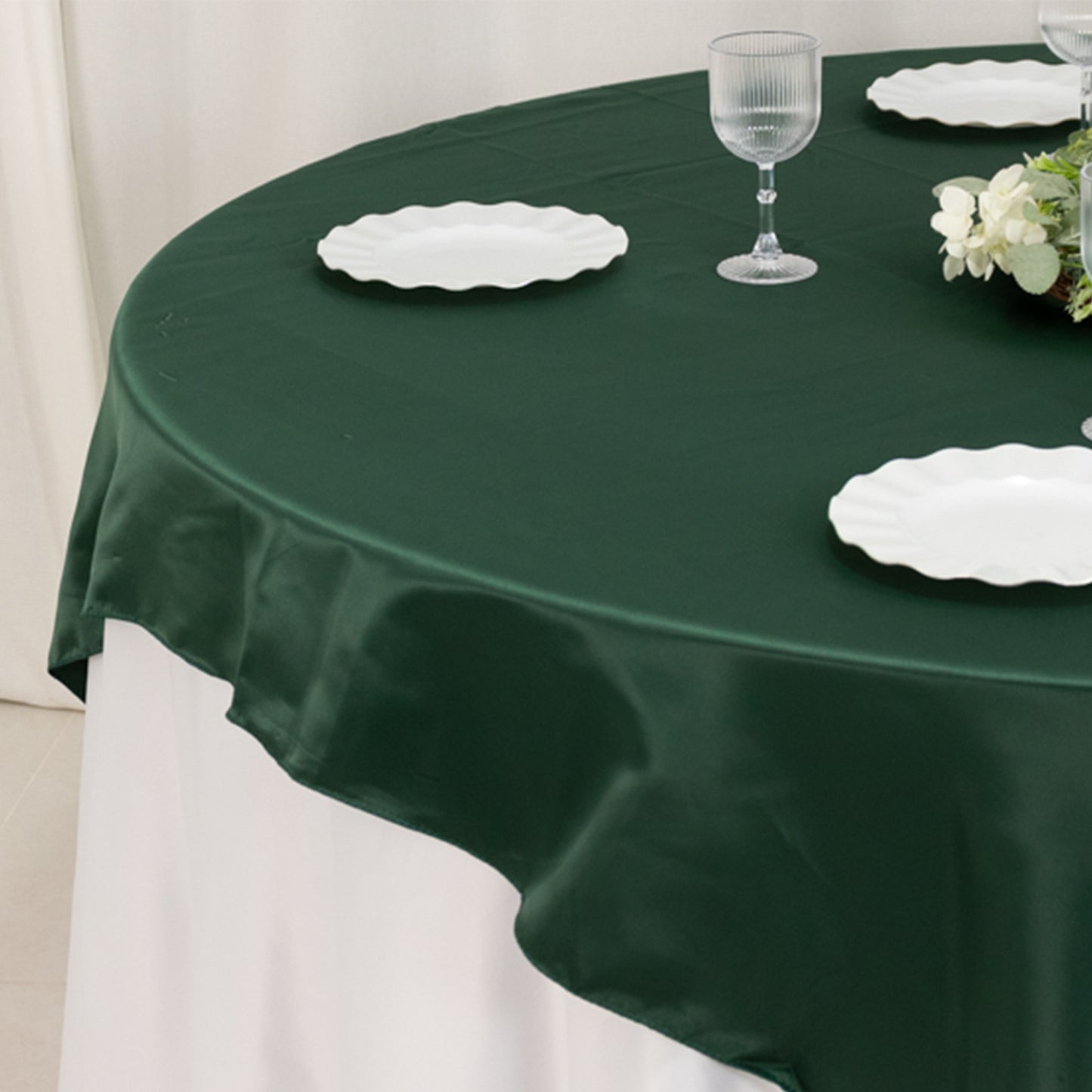 72"x72" Hunter Emerald Green Lamour Satin Table Overlay, Square Tablecloth Topper