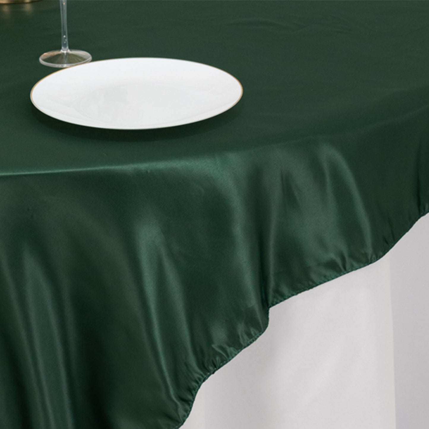 72"x72" Hunter Emerald Green Lamour Satin Table Overlay, Square Tablecloth Topper