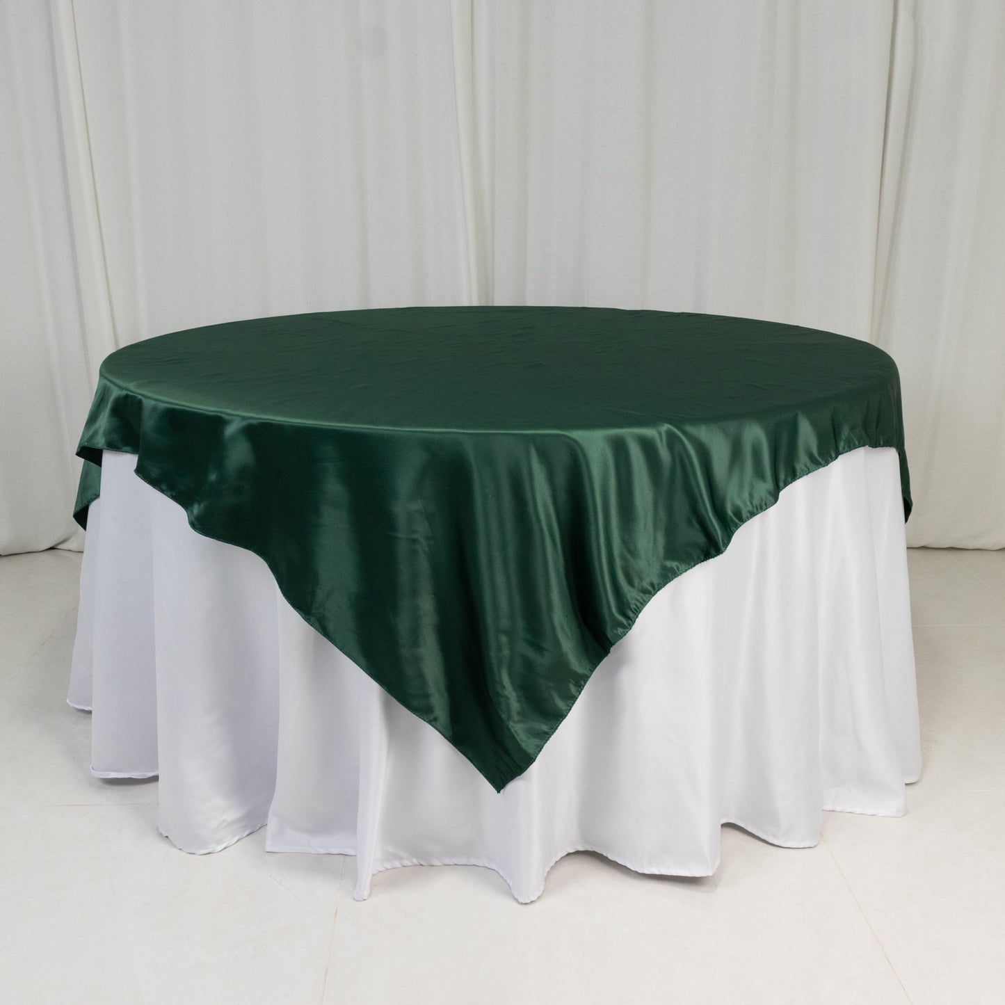 72"x72" Hunter Emerald Green Lamour Satin Table Overlay, Square Tablecloth Topper