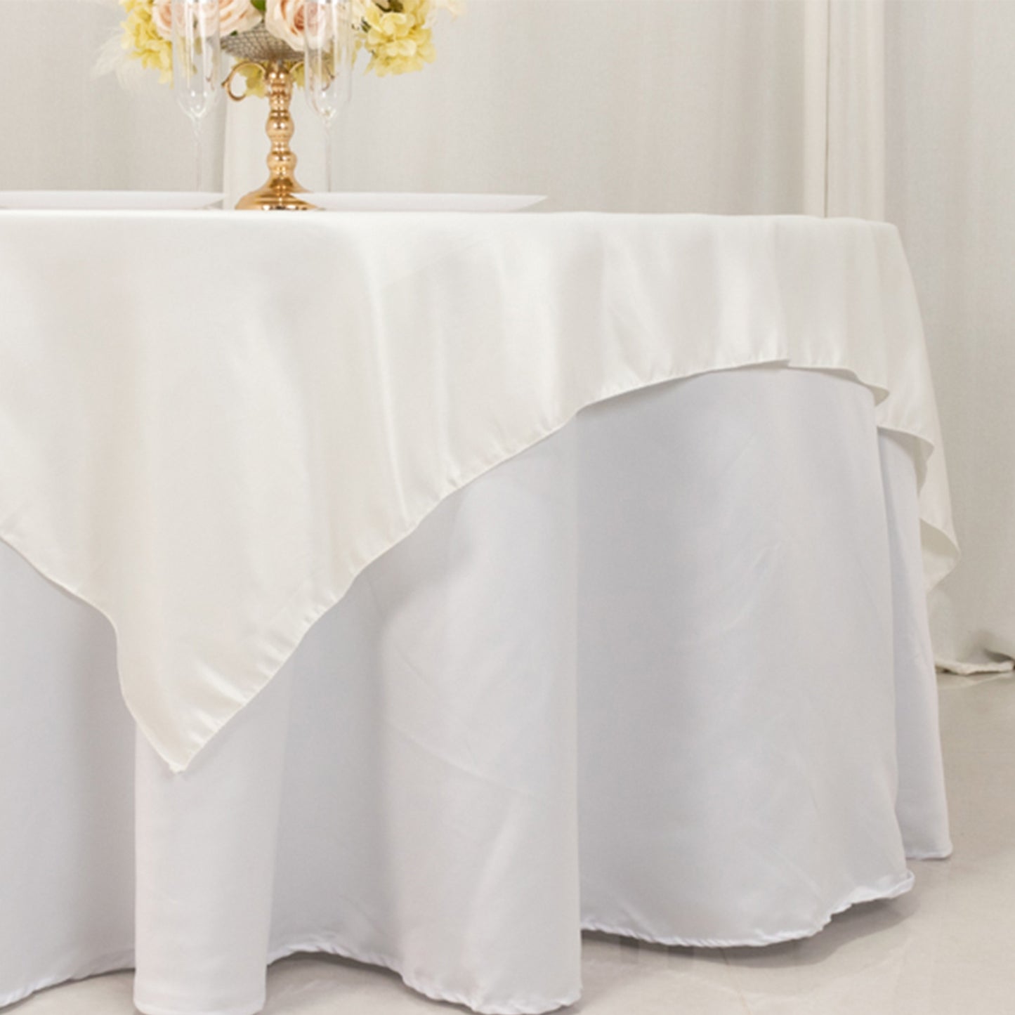 72"x72" Ivory Lamour Satin Table Overlay, Square Tablecloth Topper