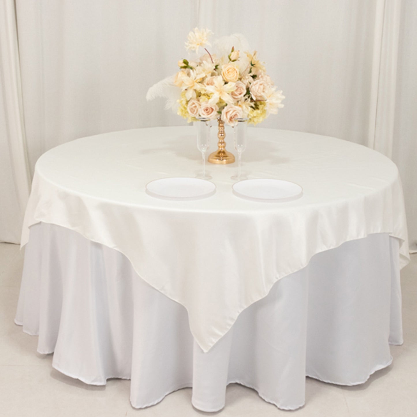 72"x72" Ivory Lamour Satin Table Overlay, Square Tablecloth Topper
