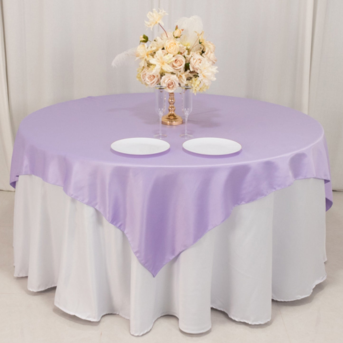 72"x72" Lavender Lilac Lamour Satin Table Overlay, Square Tablecloth Topper