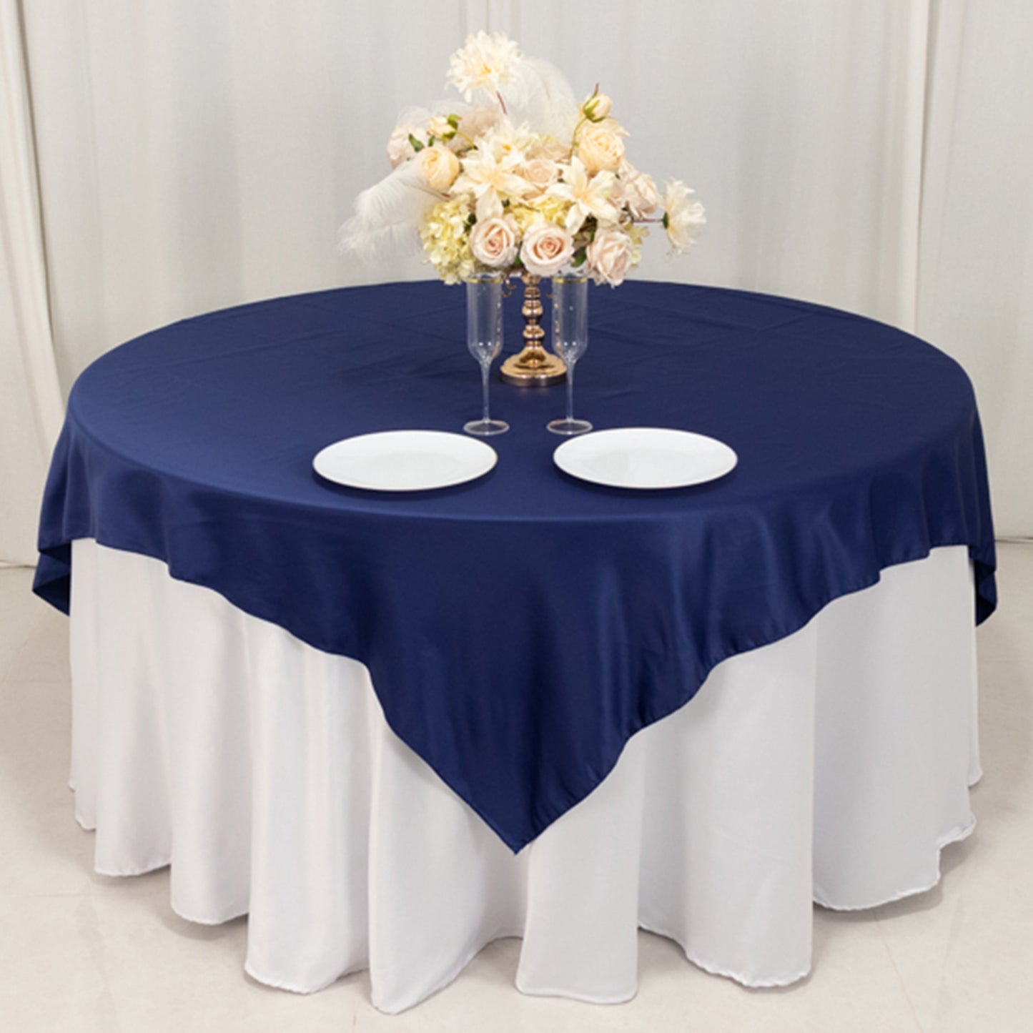 72"x72" Navy Blue Lamour Satin Table Overlay, Square Tablecloth Topper