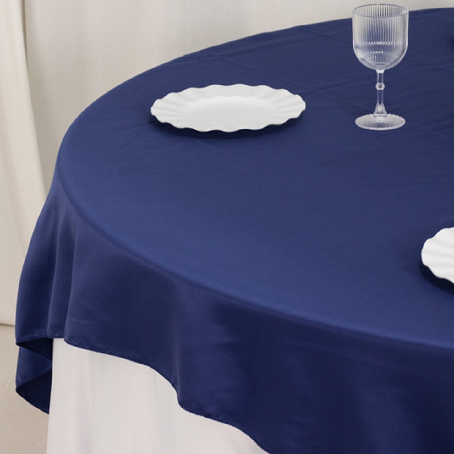 72"x72" Navy Blue Lamour Satin Table Overlay, Square Tablecloth Topper