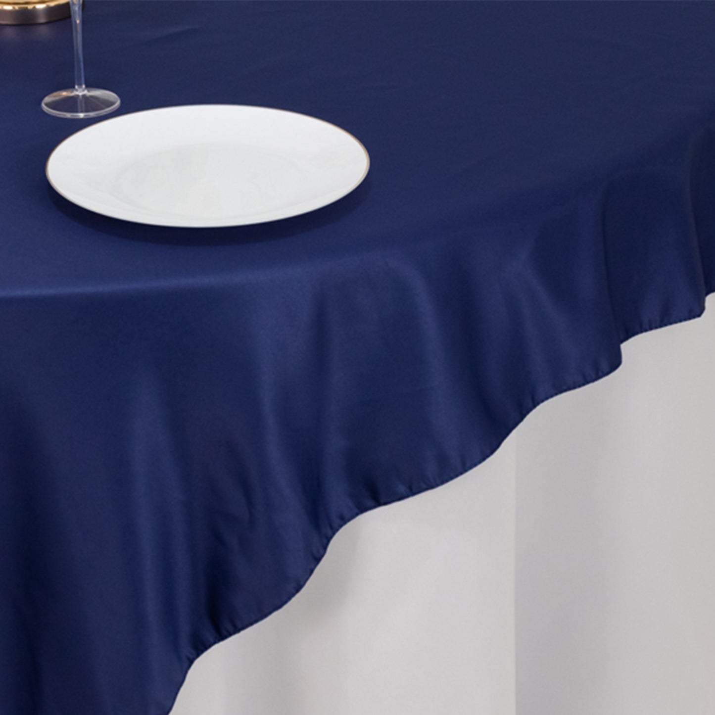 72"x72" Navy Blue Lamour Satin Table Overlay, Square Tablecloth Topper