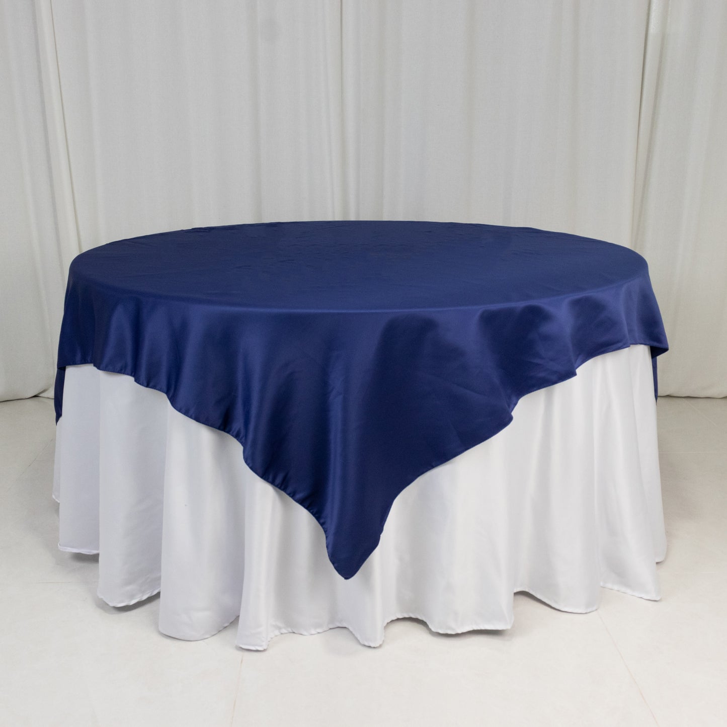 72"x72" Navy Blue Lamour Satin Table Overlay, Square Tablecloth Topper