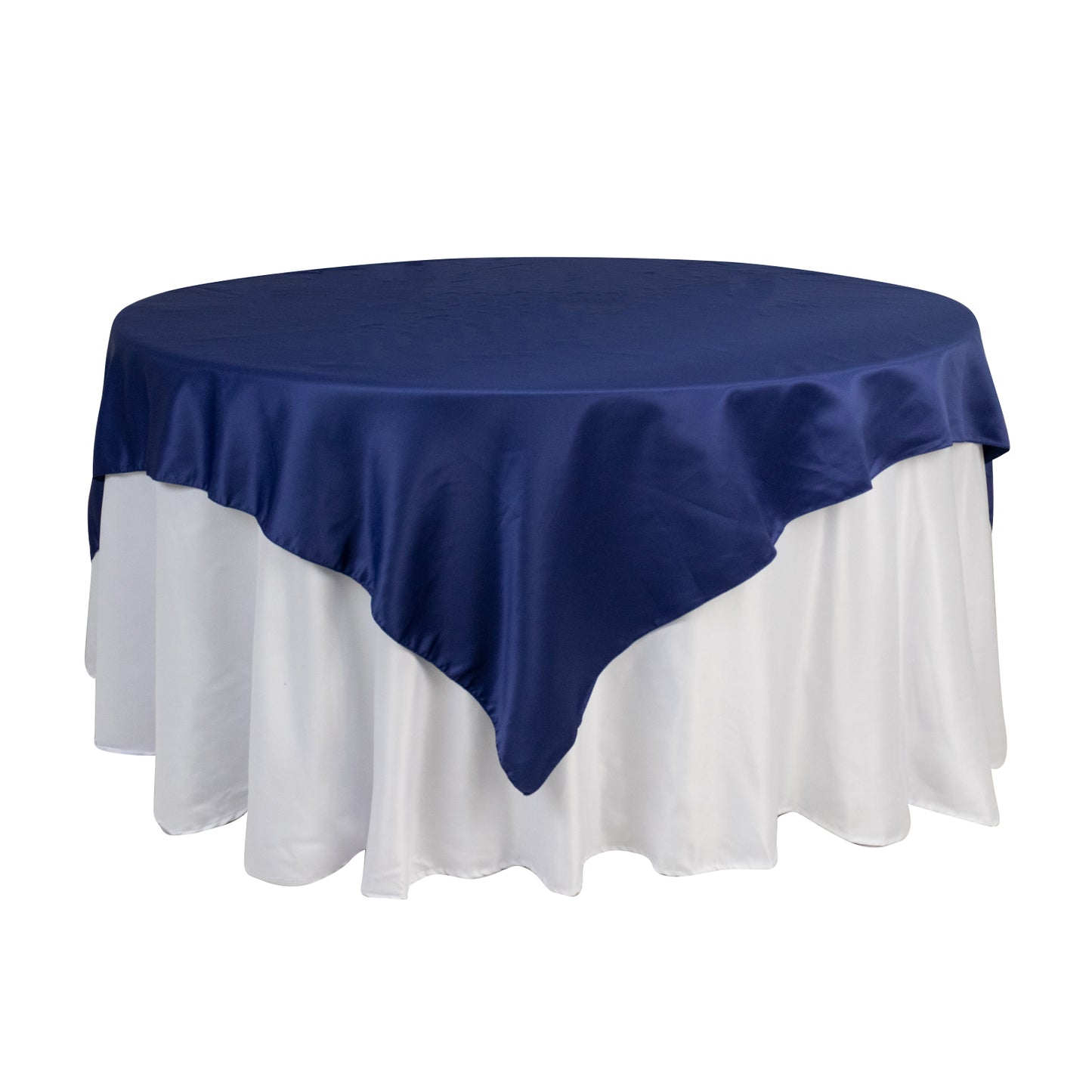 72"x72" Navy Blue Lamour Satin Table Overlay, Square Tablecloth Topper