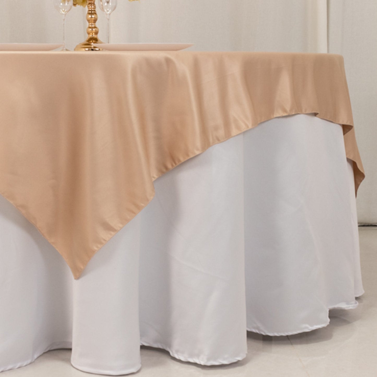 72"x72" Nude Lamour Satin Table Overlay, Square Tablecloth Topper