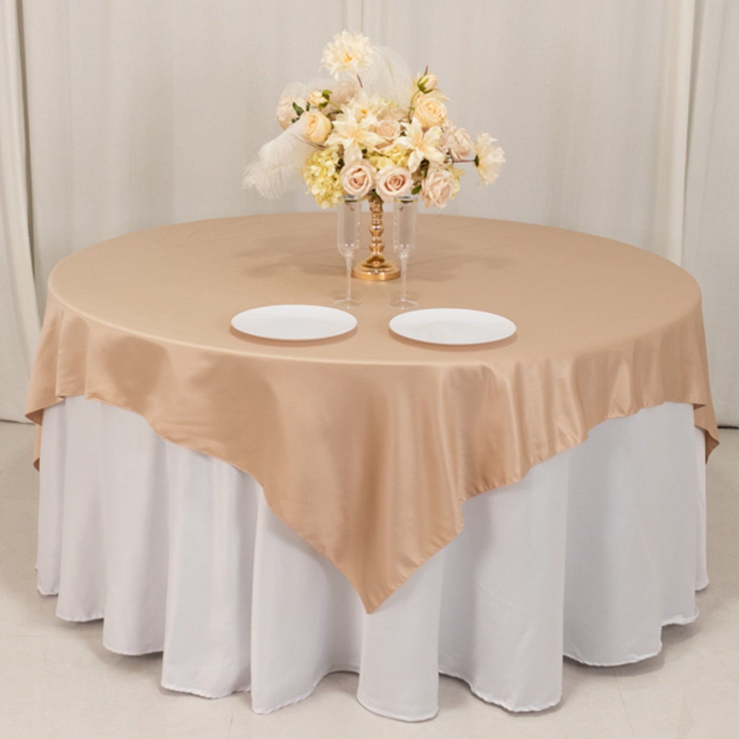 72"x72" Nude Lamour Satin Table Overlay, Square Tablecloth Topper