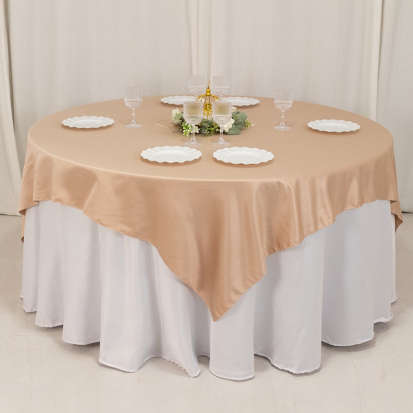 72"x72" Nude Lamour Satin Table Overlay, Square Tablecloth Topper